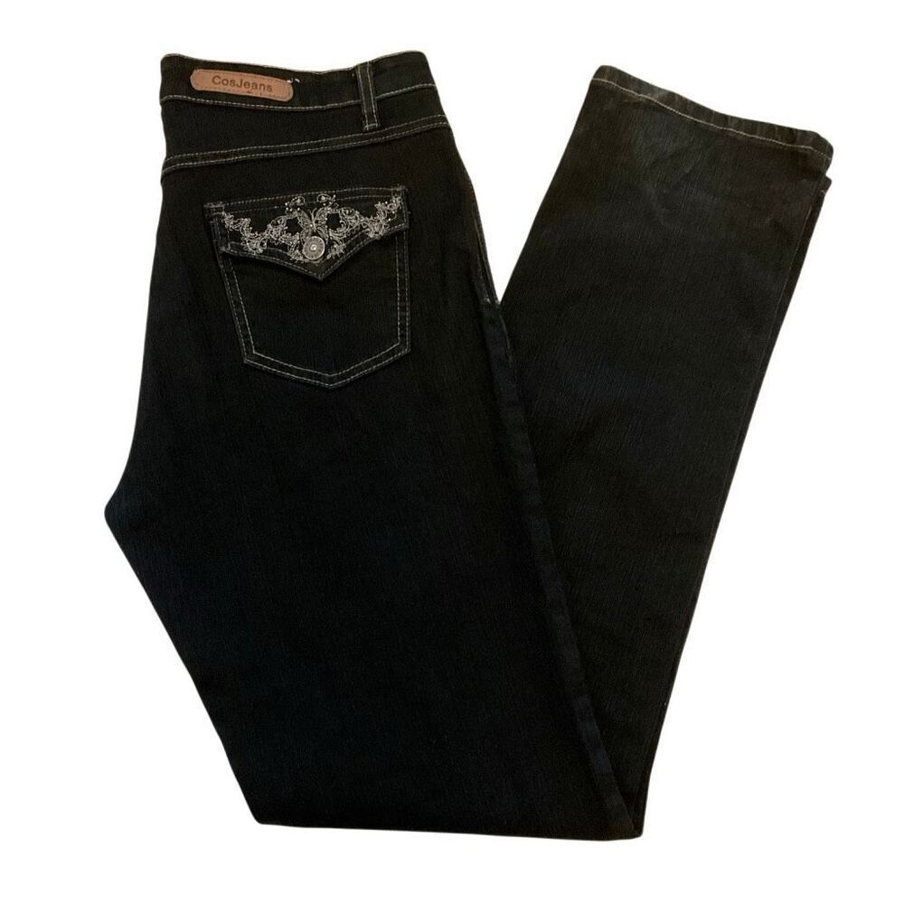 Black embroidered 5 pocket Straight Leg High Rise Jeans 10